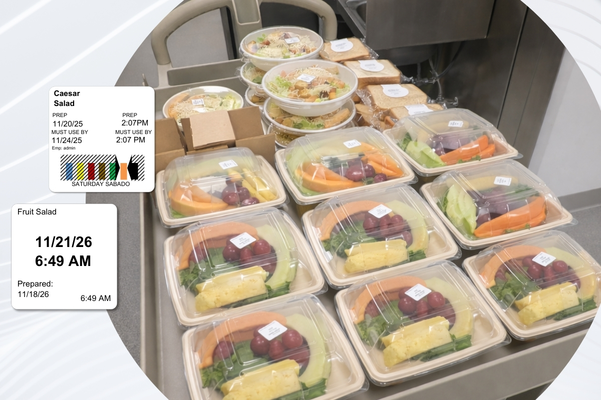 GoFreshDate tablet food labeling in use at a kitchen prep station