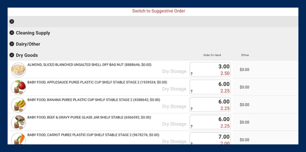 GoVentory- Suggestive Order GoVentory suggestive order screen showing inventory items and quantities