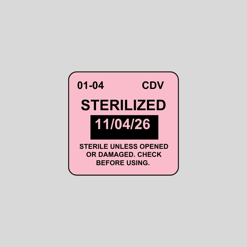 SteriDate 1x1 pink load control label showing sterilized date and sterile warning message
