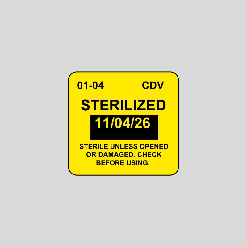 SteriDate 1x1 yellow sterilization label showing sterilized date and sterile warning message