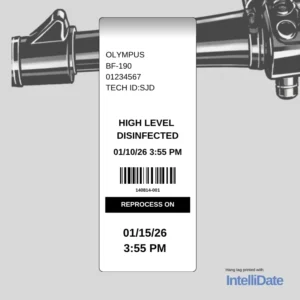 White automated medical hang tag printed by IntelliDate showing high-level disinfection status and reprocess date for endoscope reprocessing