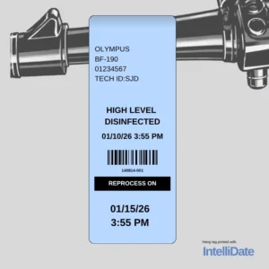 Blue automated medical hang tag printed by IntelliDate showing high-level disinfection status and reprocess date for endoscope reprocessing