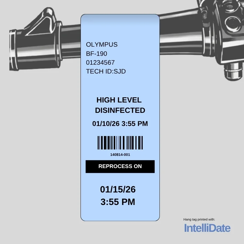 Blue automated medical hang tag printed by IntelliDate showing high-level disinfection status and reprocess date for endoscope reprocessing