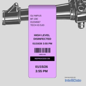 Purple automated medical hang tag printed by IntelliDate showing high-level disinfection status and reprocess date for endoscope reprocessing