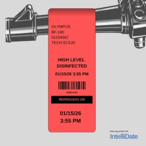 Red automated medical hang tag printed by IntelliDate showing high-level disinfection status and reprocess date for endoscope reprocessing
